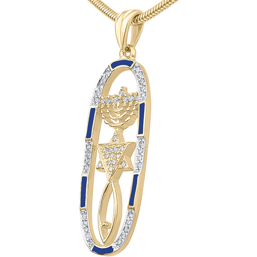 Messianic Necklace - Grafted In: 14k Gold with Diamonds and Blue Enamel - Made in Israel (Copy)