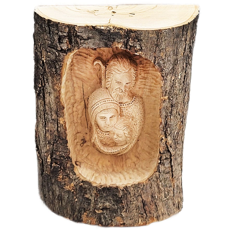 'The Holy Family' Carved inside a Natural Olive Wood Branch - Standing Ornament - Made in Israel - 7"