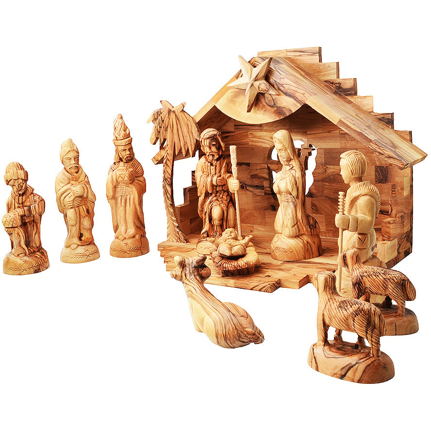 12" Wooden Manger Set - Detailed Handcrafted Figurines - Music Player - Made in the Holy Land