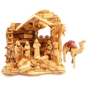13" Wooden Manger Scene Set - Polished Faceless Figures - Musical Nativity - Olive Wood with Camel