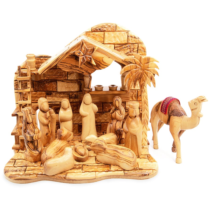13" Wooden Manger Scene Set - Polished Faceless Figures - Musical Nativity - Olive Wood with Camel