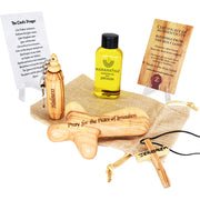 Holiness Prayer Set: Engraved (Psalm 122:6) Wooden Palm Cross and Necklace - Keychain and Prayer Oil