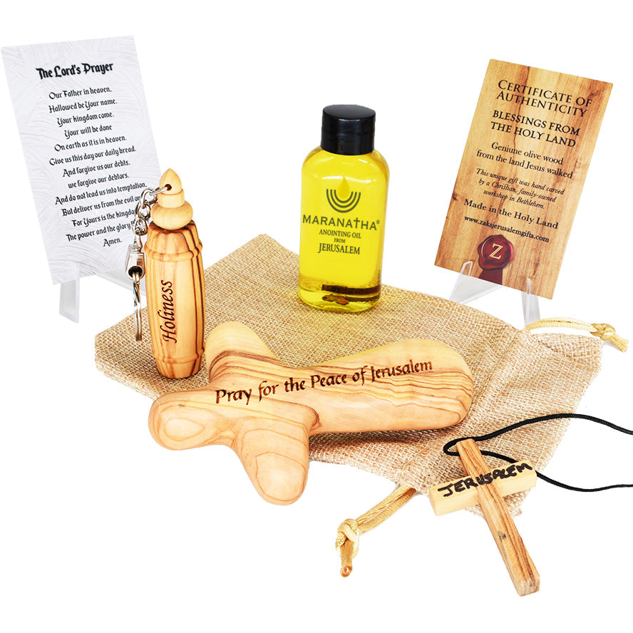 Holiness Prayer Set: Engraved (Psalm 122:6) Wooden Palm Cross and Necklace - Keychain and Prayer Oil