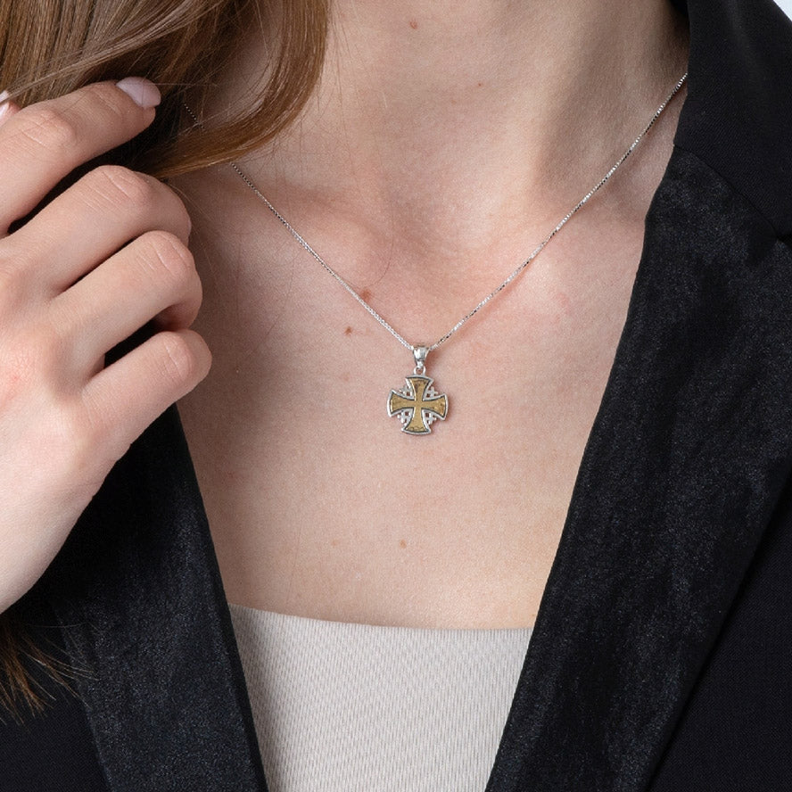 Byzantine Design Jerusalem Cross Pendant – Sterling Silver with Golden Jerusalem Cross – Made in Israel