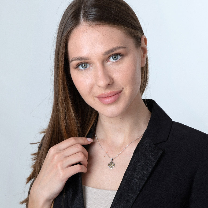 Byzantine Design Jerusalem Cross Pendant – Sterling Silver with Golden Jerusalem Cross – Made in Israel