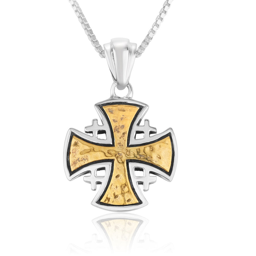 Byzantine Design Jerusalem Cross Pendant – Sterling Silver with Golden Jerusalem Cross – Made in Israel